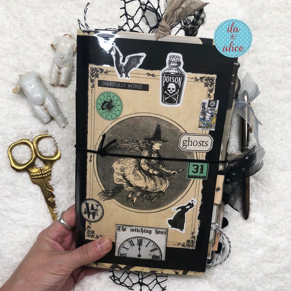 Witch Halloween Junk Journal, Physical Halloween Scrapbook, Vintage Witch, Book of Shadows, Witches, Grimoire, Haunted House-Black Cat-Skull