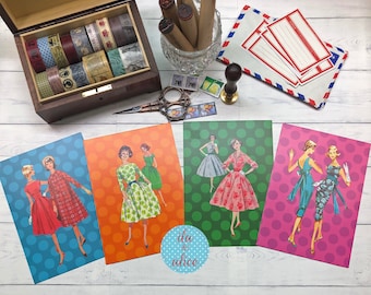 1960s Fashion Postcard Set, Retro Theme, Set of 4