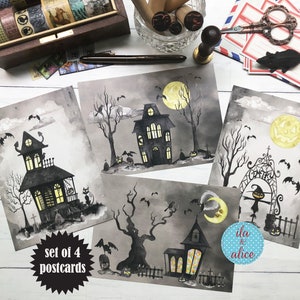 Jeu de cartes postales Halloween maison hantée pour amis et courrier postal, carte de scène de cimetière effrayant effrayante pour correspondant, chat noir pleine lune de cimetière