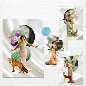 Full Moon Postcards for Pen Pals/Friendship, Goddess Postcards, Forest Animal / Fairy Postcards for Snail Mail, Fox, Deer, Owl, Hare, Witch