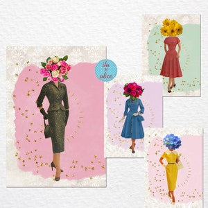 Ensemble de jolies cartes postales avec de belles fleurs et des robes vintage, carte postale florale, cartes postales rétro pour un ami, rose, hortensia, marguerites jaunes