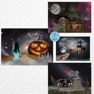 Jeu de cartes postales d'Halloween effrayantes, cartes postales d'Halloween effrayantes, art sombre et étrange d'Halloween, sorcière, maison hantée, fantôme, chat noir, collage unique