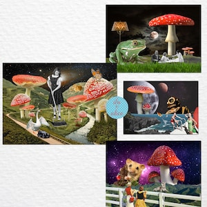 Mushroom Postcard Set, Funny Postcards, Funny Animal Postcards, Unique Collage Art, Mixed Media Postcard Pack, Sci-Fi Space Theme, Full Moon