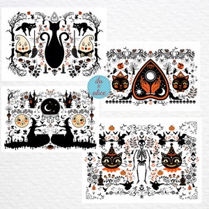Cartes postales d'Halloween, carte postale d'art folklorique d'Halloween noir orange, cartes postales de chat noir et de sorcières avec des squelettes de fantômes, des crânes effrayants effrayants