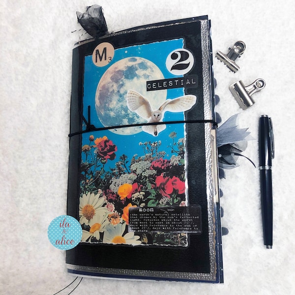Full Moon Junk Journal with Moon Ephemera, Moon Journal Tags and Paper- Handmade Soft Cover Moon Phase Theme Journal-Dark Academia Journal