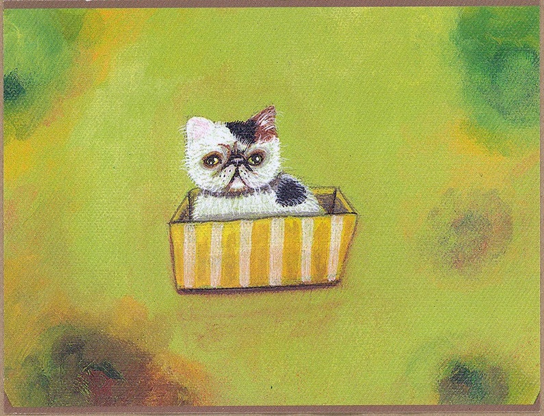 Postcard kitty on a basket olive green calico exotic shorthair persian image 1