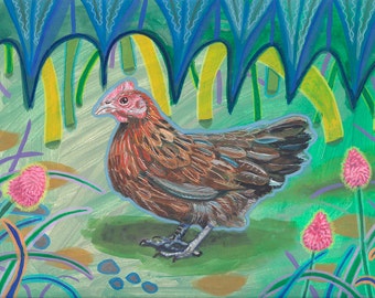 Polish chicken portrait OOAK cute farm green