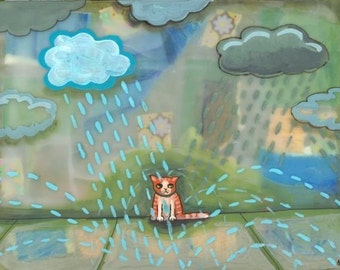 rain cat postcard teal grey cloud kitty