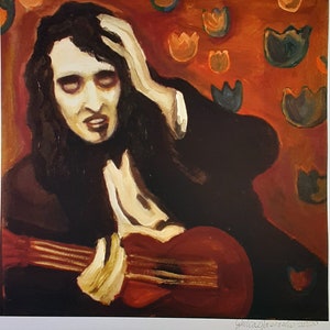 May include: A painting of a person with dark hair and a dark jacket playing a ukulele. The person is sitting in a chair with a red background. The background is decorated with orange and brown flowers.