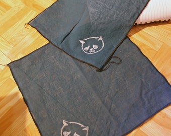 Navy Cotton  hanky handkerchief, hand printed white allergic cat