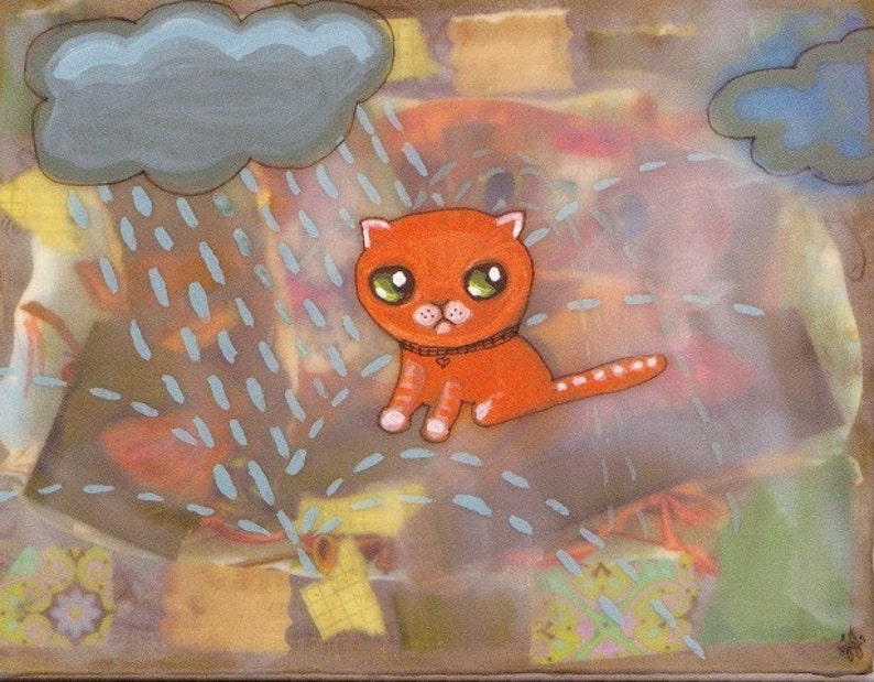 Postcard orange kitty big head rain teal green ginger image 1