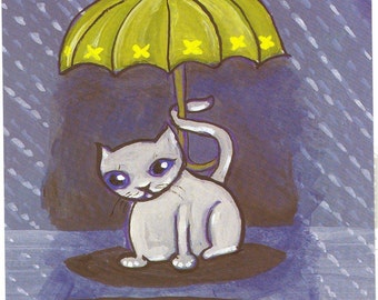 postcard rain cat and mouse