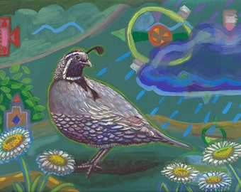 California Quail original portrait, cloud daisies rain symbols