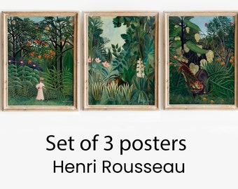 Set of 3 prints Henri Rousseau Jungle tropical poster painting The Equatorial Jungle, tropical wall art, jungle wall art, jungle print