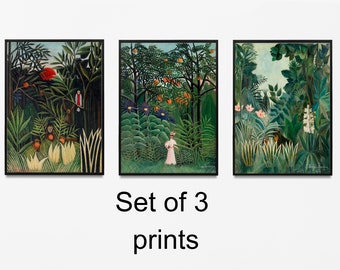 Set of 3 prints Henri Rousseau Jungle tropical poster painting The Equatorial Jungle, tropical wall art, jungle wall art, jungle print