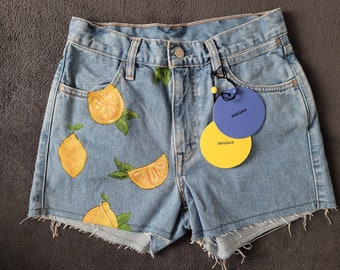 Handbemalte kurze Hosen, Zitrone, Jeans, Textilfarben