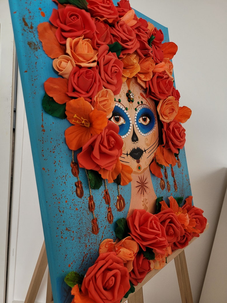 Dame mit den Rosen, Handgemalte, Acrylgemälde auf Leinwand, Acrylfarben, 3D Effekt, Kunstrosen Bild 2