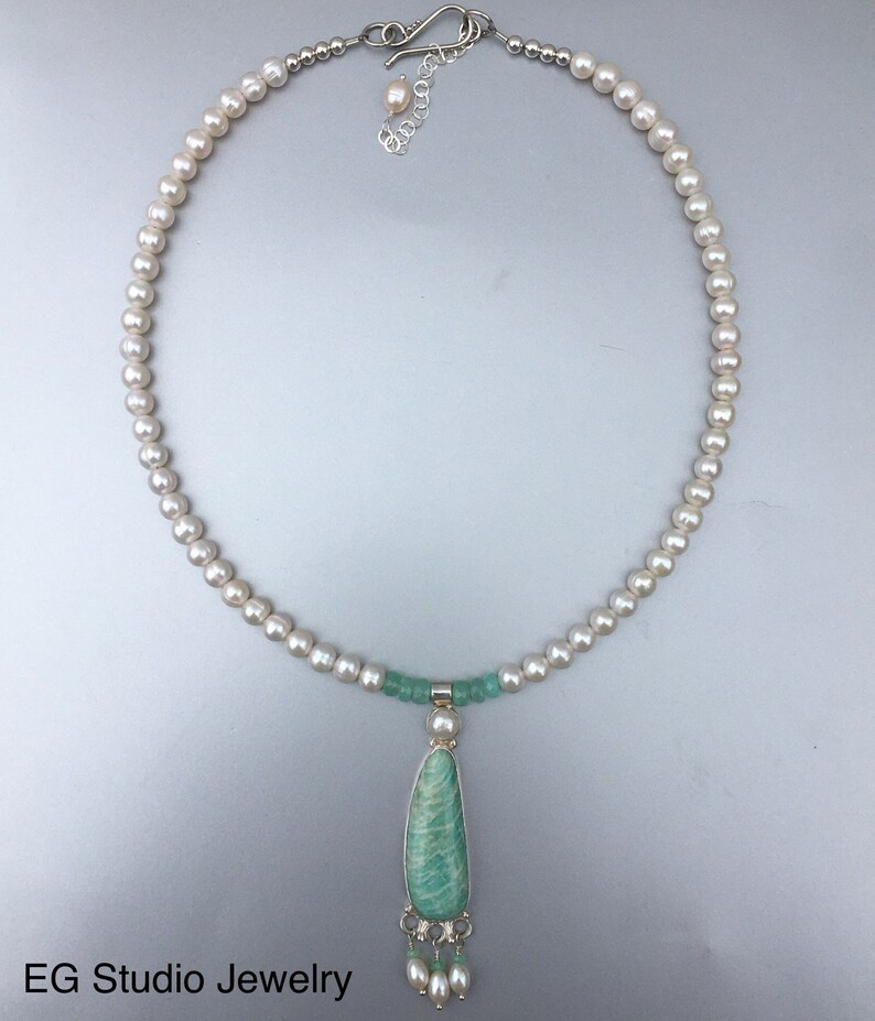 One-of-a-kind Amazonite Pendant Necklace with White Pearls and Green Chrysoprase