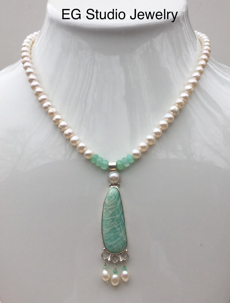 One-of-a-kind Amazonite Pendant Necklace with White Pearls and Green Chrysoprase