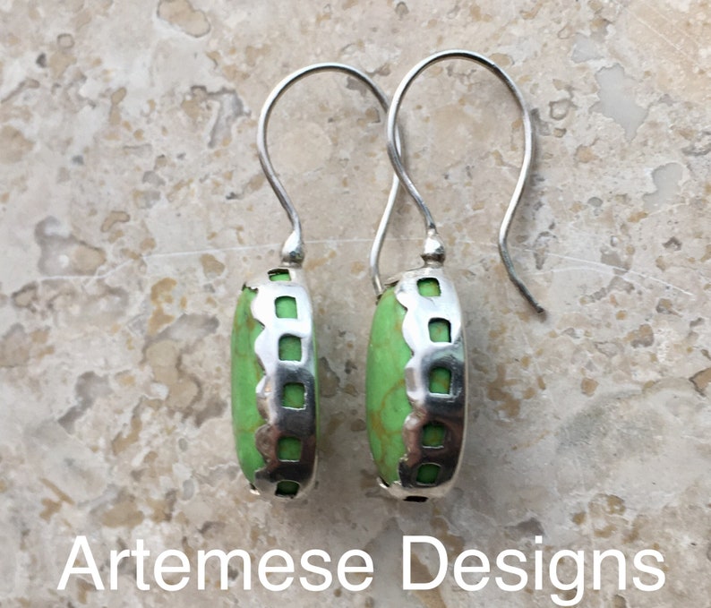 Apple Green Gaspeite and Silver Pierced Bezel Earrings