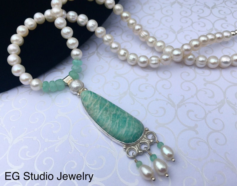 One-of-a-kind Amazonite Pendant Necklace with White Pearls and Green Chrysoprase