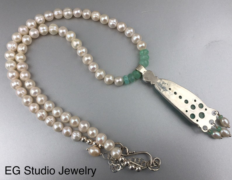 One-of-a-kind Amazonite Pendant Necklace with White Pearls and Green Chrysoprase