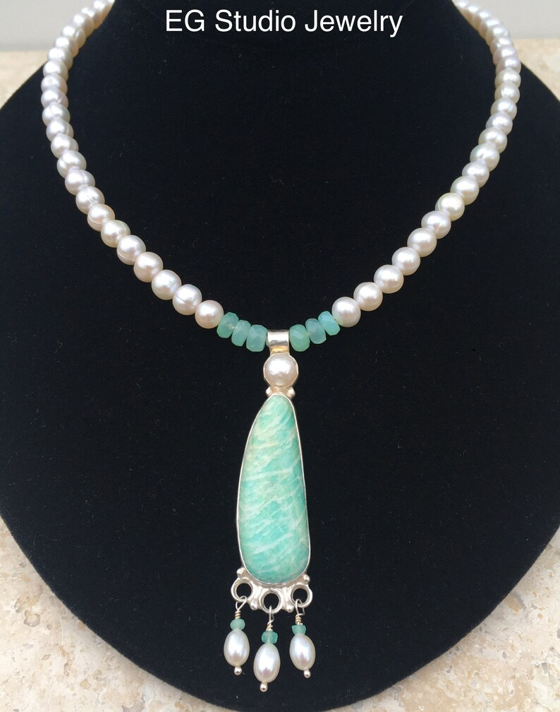 One-of-a-kind Amazonite Pendant Necklace with White Pearls and Green Chrysoprase