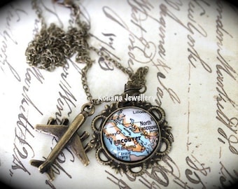 Custom Brass Map  Necklace with Your Choice of Charm