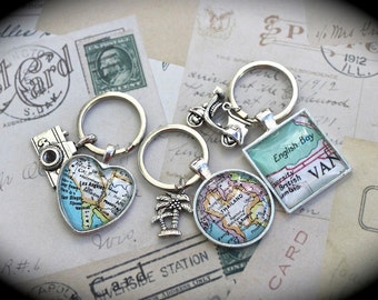 New - Custom Vintage Silver Map Keychain with Custom Charm - You Choose Shape - Round, Square or Heart