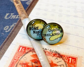 Custom Map Post Earrings You Choose Finish Brass or Silver Studs