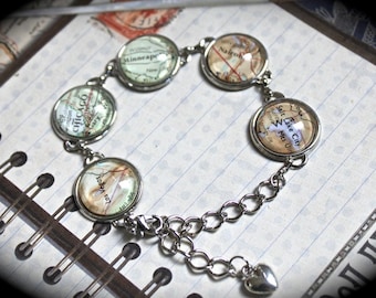 Silver plated Authentic Vintage Map Charm Bracelet with Heart Charm Dangle