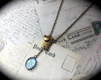 Sale Teacher Gift Custom Authentic Vintage Map Brass Lariat Necklace with Vintage-Styled Ruler and Apple Charm