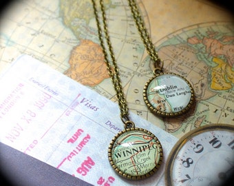New Lower Price! Custom Vintage Map BFF Necklaces (Two) with Reservable Pinky Swear Charm