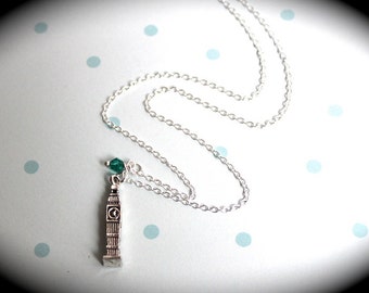 NEW ! Custom Sterling Silver Chain with Big Ben Charm and  Birthstone London, England