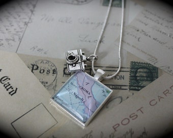 Upgraded New Custom Modern Square Silver Plated Authentic Vintage Map Necklace with Camera Charm