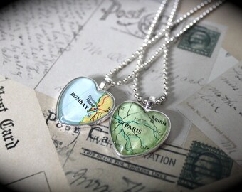 Custom Modern Heart Silver Plated Authentic Vintage Map Necklace