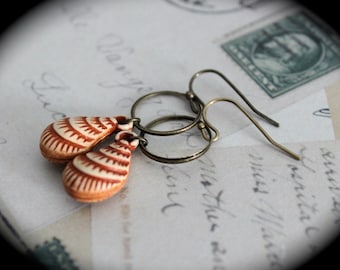 Vintage Seashell Earrings with Antique Brass Hoops
