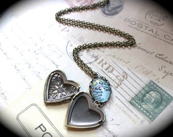 Custom Authentic Vintage Map Brass Necklace with Filigree Heart Locket