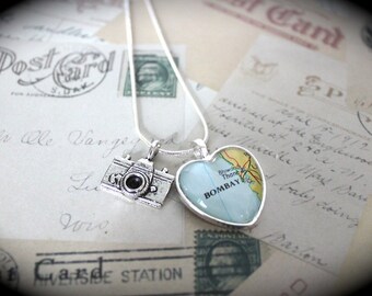 Upgraded New Custom Modern Heart Silver Plated Authentic Vintage Map Necklace with Camera Charm