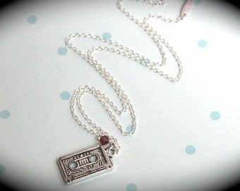 NEW ! Custom Sterling Silver Chain with Mixtape Charm and Birthstone