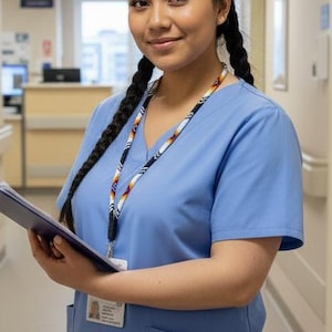 Op de afbeelding: Een zorgprofessional in een lichtblauw uniform staat in een ziekenhuisgang met een klembord. De gang heeft witte muren, deuren en een "Radiologie"-bord. De persoon heeft donker haar in vlechten en draagt een lanyard.