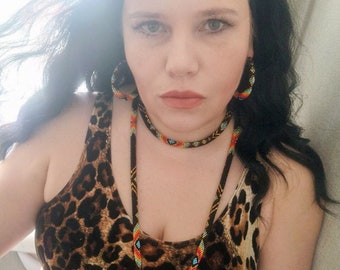 Western Inspired Black & Gold Beaded Accessories Set - Hoop Earrings, Choker, Breakaway Lanyard - Native American Style