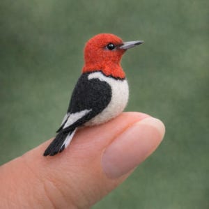 Figura de pájaro carpintero en miniatura, mini pájaro carpintero de cabeza roja, escultura realista de pájaro, decoración de aves del bosque, regalo para amantes de la naturaleza.