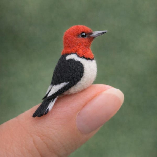 Woodpecker figurine miniature, Red Headed Woodpecker Mini, Realistic Bird Sculpture, Forest Bird Decor, Nature Lover Gift
