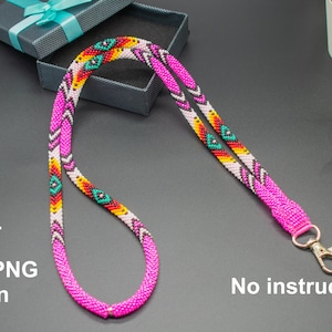 May include: A pink beaded lanyard with a colorful geometric pattern. The lanyard has a silver clasp and is labeled "SIZE L PDF+PNG Pattern".