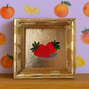 Strawberry oil painting on gold leaf small fruit wall art original still life artwork in gilded frame kitchen decor red berries summer