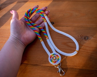 White Native style beads lanyard with beaded medallion/Safety breakaway teacher ID card holder/Cute nurse badge lanyard