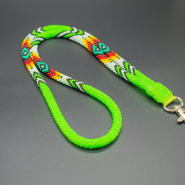 Neon Green Beads Native American Inspired Lanyard - Safety Breakaway ID Badge Holder