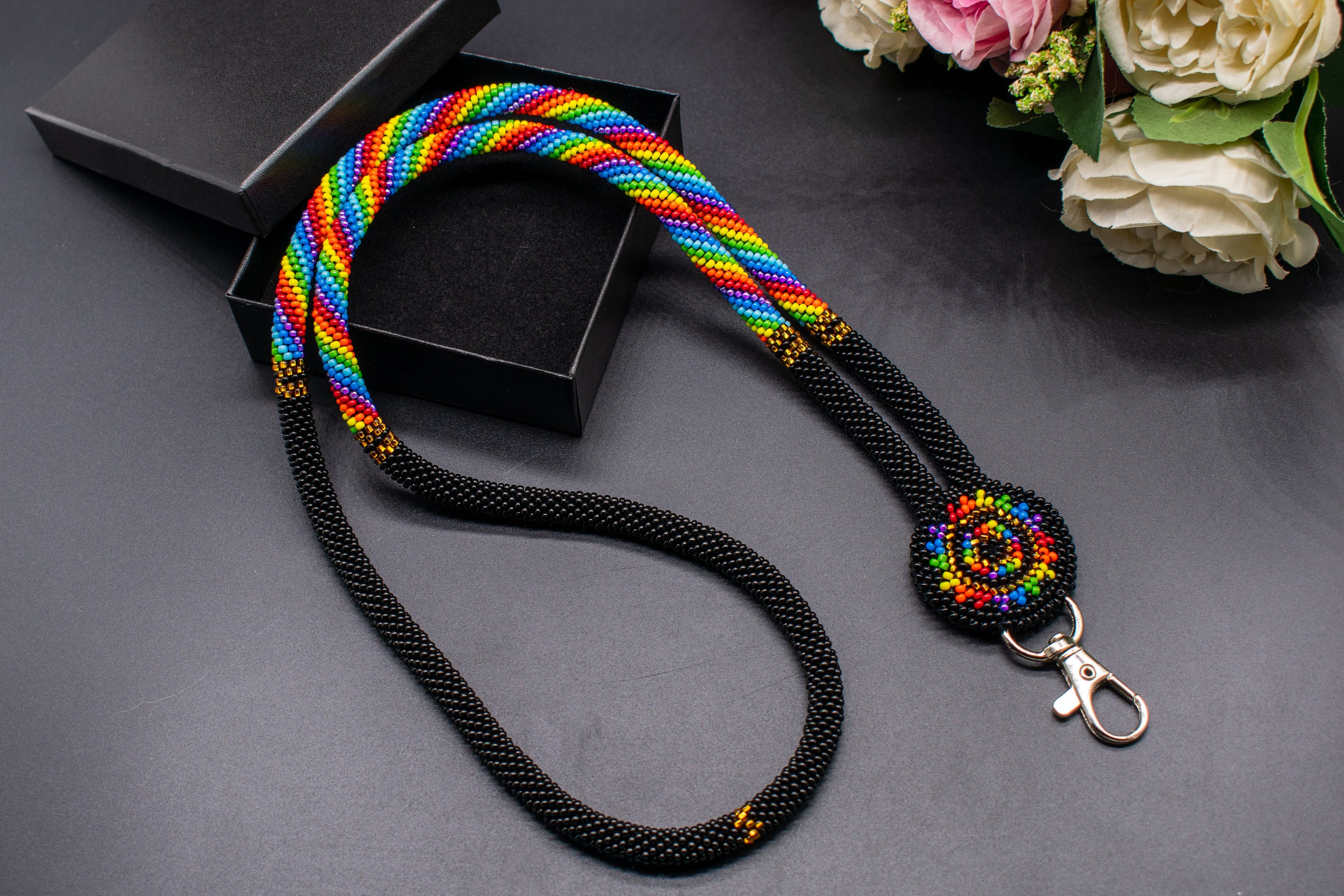 ●RSSC● NATIVE AMERICANS KEYRING - BLACK / unisex Handmade Black & Rainbow Beaded Native American Style