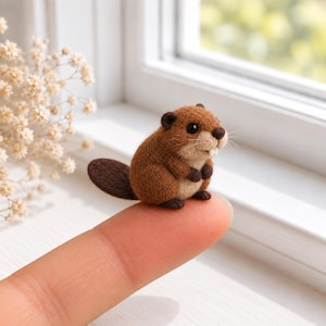 May include: A miniature needle-felted beaver figurine crafted from brown wool. The small animal features a rounded body, a flat dark brown tail, tiny black eyes, and two prominent white front teeth, resting on a fingertip for scale.